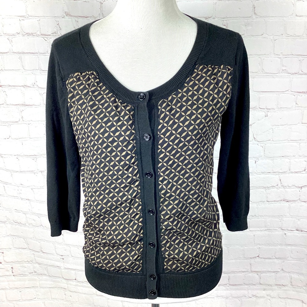 Banana Republic Cardigan Black Tan Geometric Print Women’s Size Medium‎ Soft